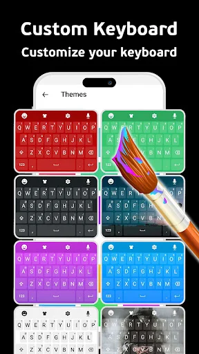 Custom keyboard themes gallery displaying 8 colorful QWERTY keyboard designs for personalization and customization