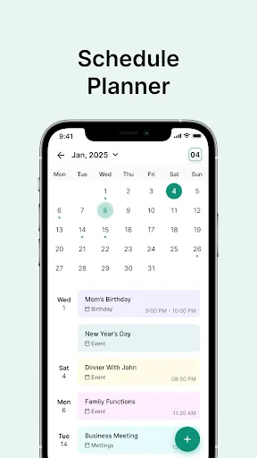 Calendar schedule planner displaying January view with detailed event list showing times, dates, and appointment descriptions