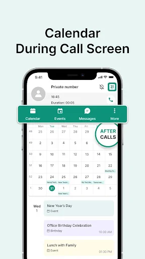 Call screen calendar integration showing monthly view with events list and navigation options for seamless multitasking