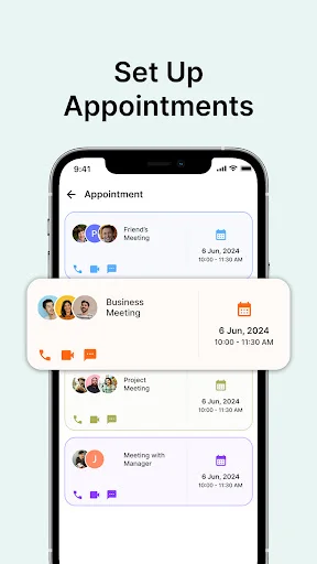 Appointment management screen with participant photos, meeting details, and color-coded scheduling for business and personal events