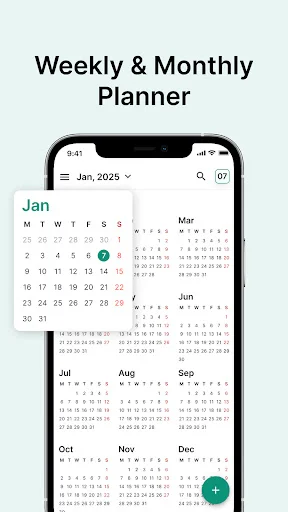 Annual planner view showing 12-month calendar grid with January selected and comprehensive year-at-a-glance planning interface