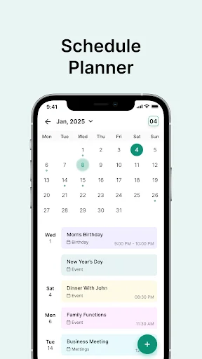 Schedule planner interface displaying January 2025 calendar with upcoming events list including birthdays, meetings, and appointments