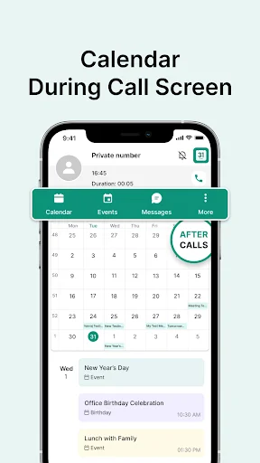 Calendar app during call screen feature showing monthly view with navigation tabs and after-calls reminder functionality