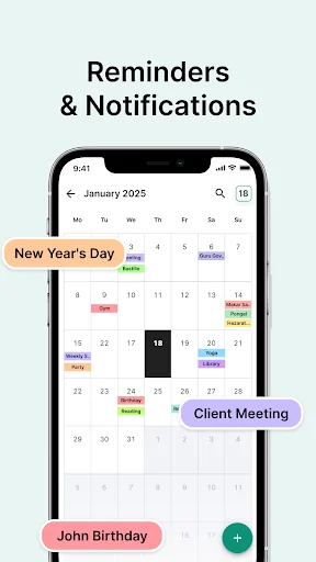 Calendar reminders and notifications view with colored event bubbles for New Year's Day, Client Meeting, and John Birthday alerts