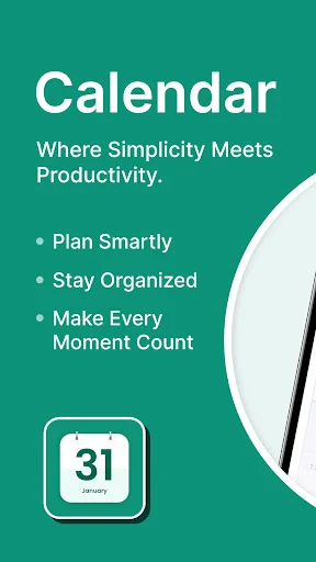 Calendar app promotional screen featuring tagline and calendar icon with date 31, emphasizing planning and organization features