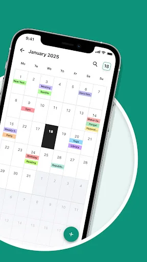 Mobile calendar interface showing January 2025 month view with various scheduled events displayed in colorful category labels