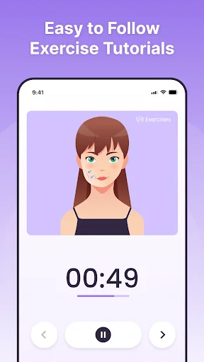 Face yoga exercise video tutorial with 49-second timer and playback controls for guided jawline facial workout