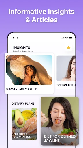 Face yoga insights and article section featuring summer tips, dietary plans, and jawline definition diet advice