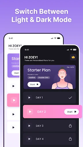 Light and dark mode theme switching for personalized 30-day face yoga challenge with daily exercise plans