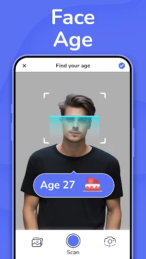 Face age scanner interface showing person with face alignment guides and detected age 27 result with Scan button