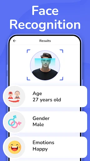 Face recognition results screen displaying scanned age 27 years, detected gender male, and happy emotion category
