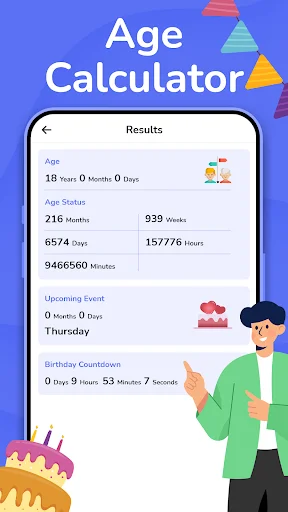 Age calculator results showing 18 years 0 months age breakdown with statistics in weeks, hours and birthday countdown data