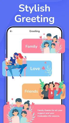 Stylish greeting feature with Family, Love and Friends greeting categories featuring illustrated character designs