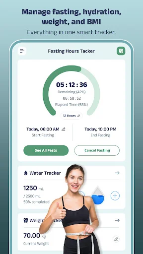 Fasting hours tracker dashboard with active countdown timer, water intake tracker, and current weight display