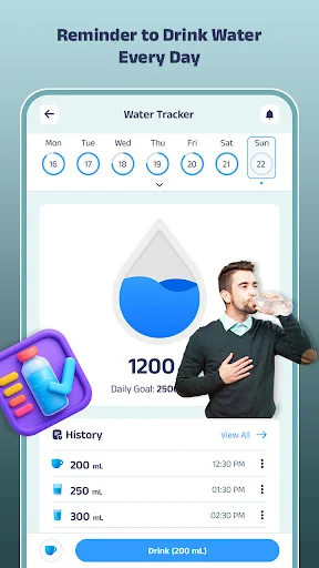 Water tracker showing weekly intake calendar, daily hydration goal of 1200ml, and water intake entries
