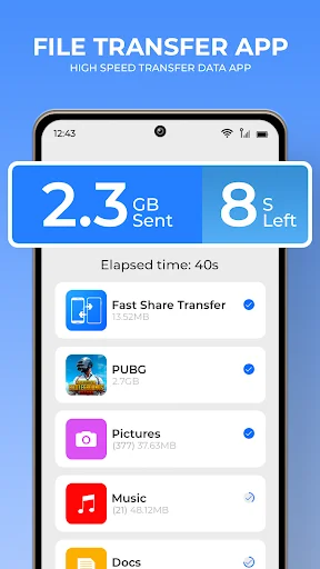 File transfer app showing 2.3 GB data sent with 8 seconds remaining, listing files being transferred with progress timer