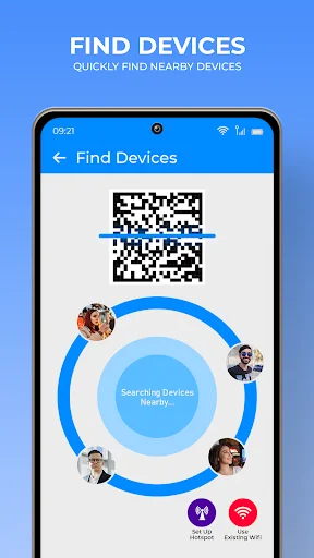 Find Devices screen showing QR code and nearby devices with profile pictures, hotspot and WiFi connection options