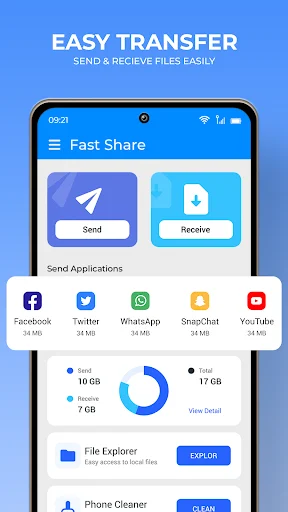 Fast Share transfer interface with Send and Receive buttons, social app options, file statistics and File Explorer