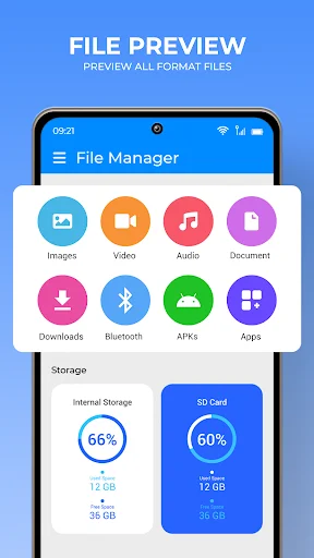 File Manager displaying file categories including Images, Video, Audio, Documents and storage usage percentages