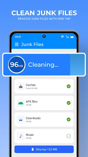 Junk Files cleaner with 96 MB progress showing Caches, APK files and Downloads categories totaling 122 MB for cleanup