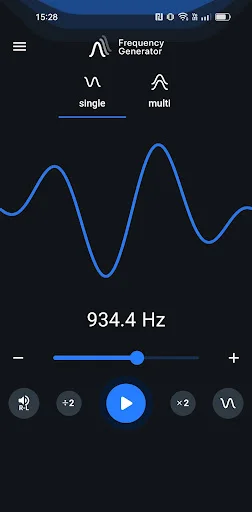 Single oscillator mode displaying 934.4 Hz sine wave with adjustable frequency slider and playback control buttons