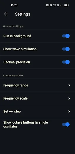 Settings menu with toggles for background operation, wave visualization, decimal precision, and frequency range configuration