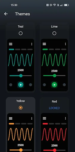 Theme selection screen showing color options with waveform previews for customizing the frequency generator app interface