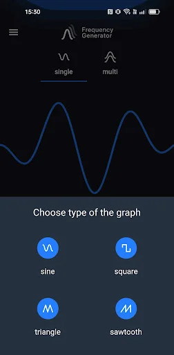 Waveform type selector offering sine, square, triangle, and sawtooth wave options for sound generation and instrument tuning