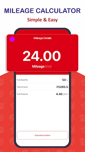 Mileage Calculator showing 24.00 km/L with fuel quantity, total amount, and per-liter expense for tracking fuel consumption
