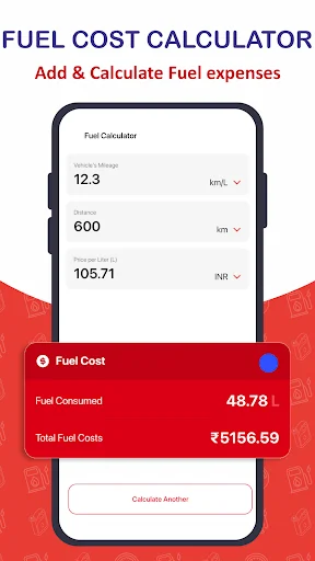 Fuel Cost Calculator displaying fuel consumed (48.78 L) and total fuel cost (₹5156.69) based on mileage and distance