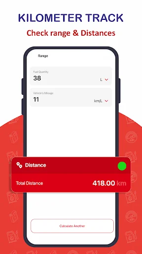 Kilometer Track showing total distance of 418.00 km calculated from fuel quantity and vehicle mileage efficiency