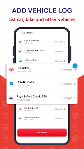 Add Vehicle Log screen listing multiple vehicles including cars and bikes with record counts for fleet management
