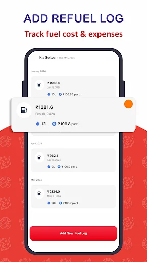 Add Refuel Log displaying refuel history entries with dates, fuel quantities in liters, costs in INR, and MPG calculations