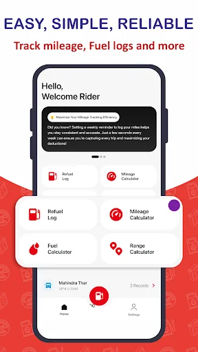 Gas Mileage Calculator app home screen with welcome message and feature menu for mileage tracking and fuel expense management
