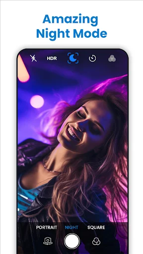 G PRO Camera night mode interface showing woman with purple lighting, HDR controls, and portrait/night/square mode options