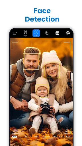 G PRO Camera face detection feature identifying family of three with orange overlay, showing smart portrait recognition