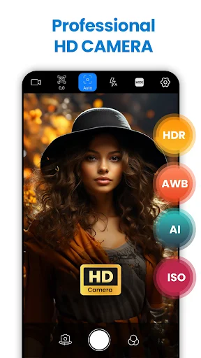 G PRO Camera professional HD interface with woman portrait, HDR/AWB/AI/ISO controls and camera settings menu