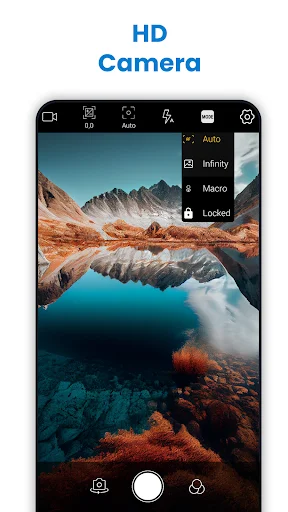 G PRO Camera HD landscape photography mode showing mountain reflection with auto/infinity/macro/locked focus options