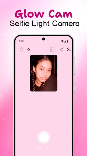 Glow Cam selfie camera app main interface showing woman's portrait with capture button and lighting controls