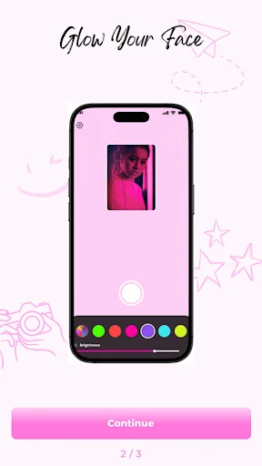 Glow Your Face onboarding screen with selfie preview, color filters, and Continue button interface