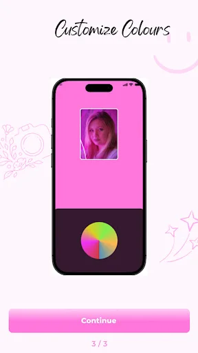 Customize Colors onboarding showing selfie with pink lighting and color wheel selector with Continue option