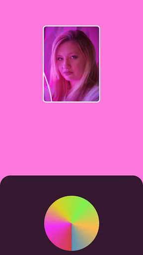 Portrait selfie with pink glow effect and colorful gradient light selector wheel for custom lighting