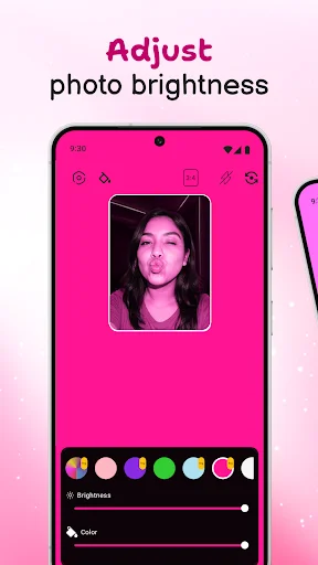 Adjust photo brightness feature in Glow Cam with selfie preview, color filters, and brightness slider controls