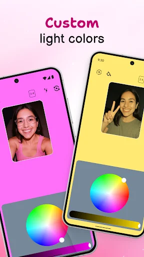 Custom light colors feature showing two phones with selfie previews and colorful circular light selectors
