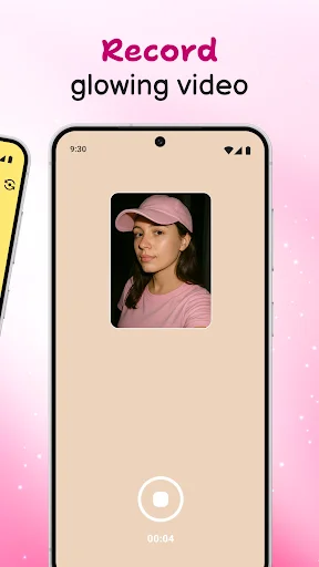 Record glowing video mode in Glow Cam app displaying woman's portrait with video recording button timer