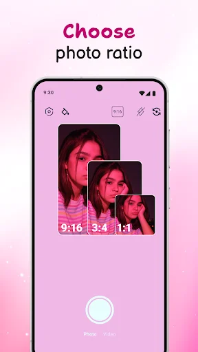 Choose photo ratio feature showing selfie with multiple aspect ratio options 9:16, 3:4, and 1:1 formats