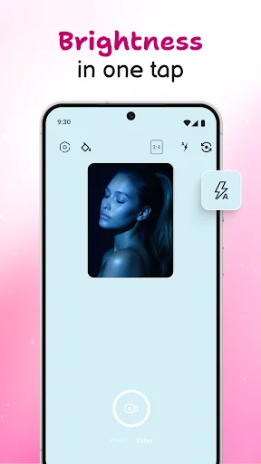 Brightness in one tap feature with selfie preview and lightning bolt icon for quick lighting adjustment