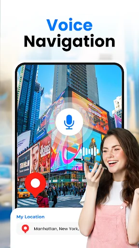 Voice Navigation: Woman using voice commands with microphone icon displaying Times Square street view and Manhattan location