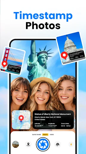 Timestamp Photos: Geotagged photos of Statue of Liberty and group portraits with location markers and detailed timestamps