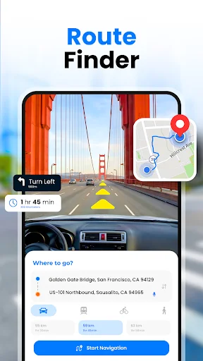 Route Finder: GPS navigation screen showing Golden Gate Bridge drive with left turn instruction and 1 hour 45 minute ETA